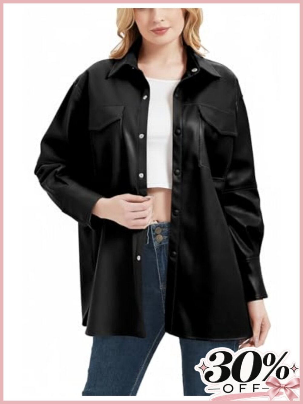 Faux Leather Shacket Button Down Relaxed Fit Oversized Shirt Jacket